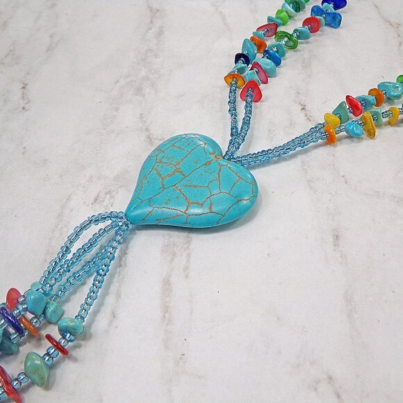 Turquoise Heart Stone Necklace with Multi Color Stones and stone beaded tassel. - Picture 4 of 8